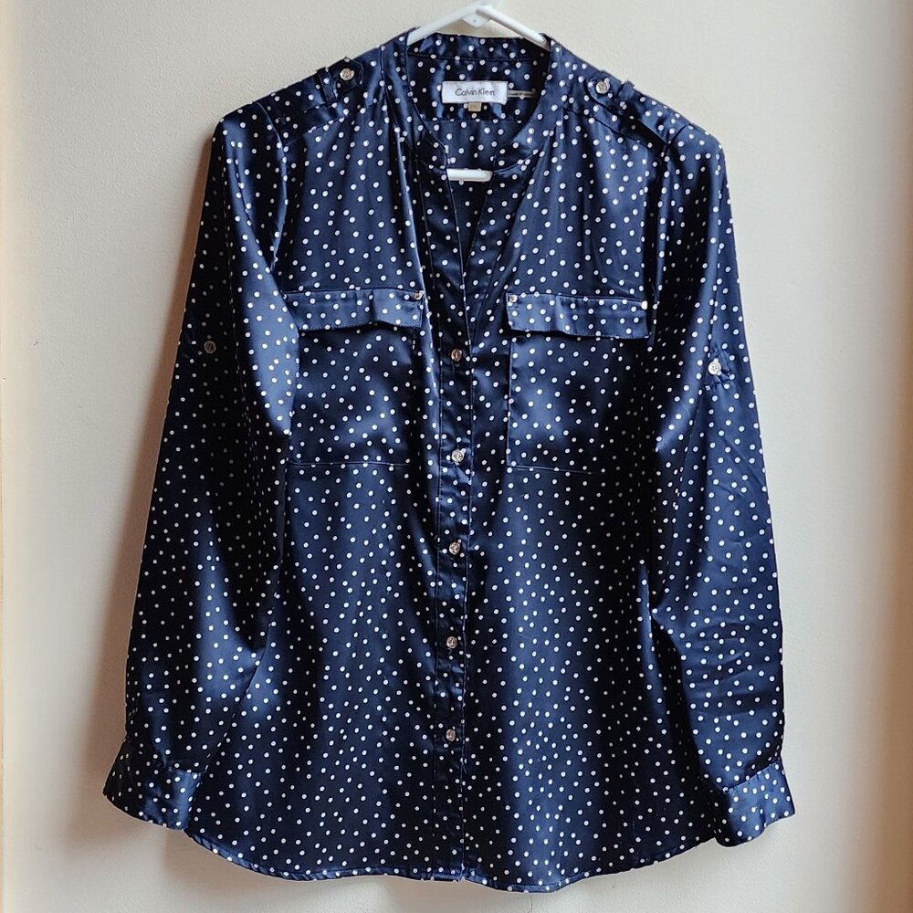 Calvin Klein Navy Polka Dot Button Down Shirt Size Petite Small